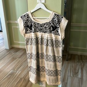 Embroidered Mexican Dress - Size Large - black embroidery on beige cotton
